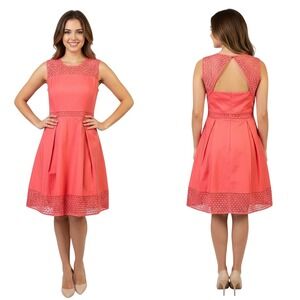 Calvin Klein‎ Dress Women 10 Red Orange Sleeveless Eyelet Cutout Pleated Boho